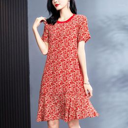 Casual Dresses Real Silk Women's Red 2023 Summer Elegant O-neck Short Sleeve Ruffles Women Dress Floral Woman A-line