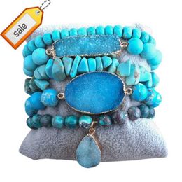 Fashion Designer Women Boho 5pc Beaded Bracelet Set Natural Chip Stone Blue Druzy Stack Bracelet Sets