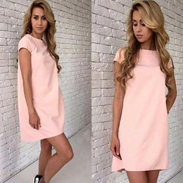 Basic Casual Dresses Summer Beach Casual Dress Women Female Short Sleeve Loose Mini Short A-line Dresses Candy Colour S-XXL 230531