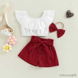 Clothing Sets Baby Girls Outfits Summer Fashion Solid Color Boat Neck Flounced and Shorts Headband