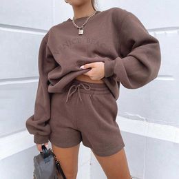 Tracksuits 2021 Fashion 2-Piece Sports Casual Women's Long Sleeve Letter Printed Pull-Off Sweatshirt Top+Shorts Street Clothing Autumn Set P230531
