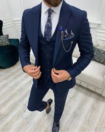Men's Suits Khaki/Navy Blue Blazer Trousers Men Set Slim Fit Formal Prom Groom 3Pcs Jacket Pants Vest Wedding Party Wear Outfit