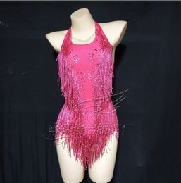 Stage Wear Rhinestone Colourful Red Gold Tassel Elastic One-Piece Triangle High Fork Latin Performance Costume Female