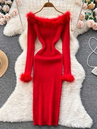 Casual Dresses Autumn Knitted Fashion Christmas Red Fur Patch Work Party Dress Elegant Women's Body Tank Top P230530