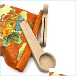 Coffee Scoops Wooden Scoop With Clip Tablespoon Solid Beech Wood Measuring Tea Bean Spoons Clips Gift Wholesale Drop Delivery Home G Dhgvg