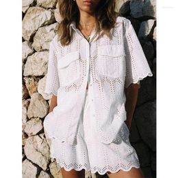 Women's Tracksuits Boho Inspired White Short Sets Women Eyelet Shirt Shorts Elastic Waist 2 Piece Matching Beach Two