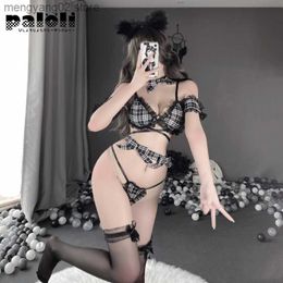 Sexy Set Lace V Neck Women Maid Outfit Bandage Backless Cute Plaid Cosplay Comes Sweet Perspective Temptation Bra Set Lovely Lingerie T230531