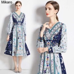 Mikaro Retro Floral Paisley Midi Dresses Women Designer Long Sleeve Robe Weekend Cafe V-Neck Draped Casual Dress Spring Autumn Ladies Chic Holiday Slim Party Frocks