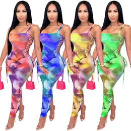 Casual Dresses Women's transparent mesh lace bandage sexy tie dye body slimming party club spaghetti shoulder straps backless dress vest P230530