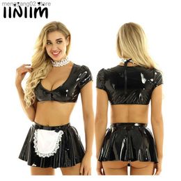 Sexy Set Womens Ladies Wetlook Clubwear Cocktail Party Leather Latex French Maid Dress Cosplay Comes Crop Top with Flared Mini Skirt T230531