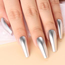 False Nails 24Pcs/Box Chrome Silver Press On Set Metallic Effect Long Ballerina Fake Fingernails With Glue Wearable Acrylic Tips NLCJ