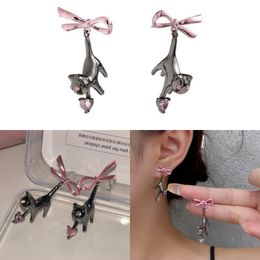 Black Cat Pink Heart Rhinestone Bow Dangle Earrings for Women Sweet Creative Aesthetics Drop Earrings 2023 Trend Jewelry Y2K