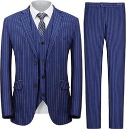 Men's Suits Handcrafted Men's 3-Piece Slim Fit Pinstripe Suit: Wedding Groom Tuxedos (Blazer Pants Vest)