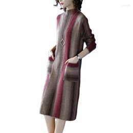 Casual Dresses Fashion Women's Sweater Dress Vestidos 2023 Spring Autumn Long Knitted Turtleneck Elegant Stripe Base Female