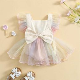 Girl's Dresses 0-24M Baby Girl Mesh Bow Strap Romper Skirt Square Neck Sleeveless Bow Decoration Floral Princess Dress White/Multicolor AA230531