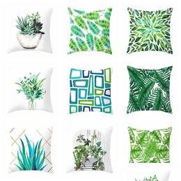 Pillow Case Home Sofa Cushion Pillowcase 45X45 Cm Green Leaf Simple Printing Veet Er Living Room Bed Decor Tropical Plant Drop Deliv Dhyeu