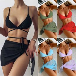 High Elastic Bikini 2023 Summer Chiffon Leather Three Piece Set Women's Beach Swimwear P230530