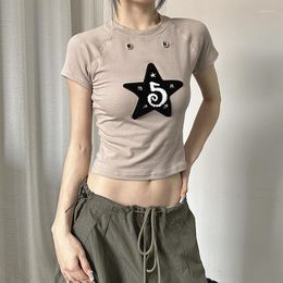 Women's T Shirts Summer 2023 Fashion Khaki Beige Round Neck Short Sleeve Slim Show Belly Embroidered T-shirt Women's Trend