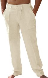 Pantalones de lino informales para hombre, corte holgado, piernas rectas, cordón elástico, cintura, verano, playa, Yoga, pantalones largos