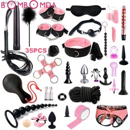 Adult Toys Adult SM BDSM Kits Adults Sex Toys For Women Men Handcuffs Nipple Clamps Whip Spanking Sex Metal Anal Plug Vibrator Butt Bondage L230518