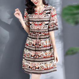 Casual Dresses 2023 Summer Women Elegant V-neck Short Sleeve Drawstring Woman Printed Dress Real Silk A-line Loose