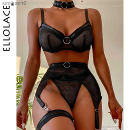 Briefs Panties Ellolace Four-Piece Set Erotic Lingerie Transparent Bra Kit Push Up See Through Lace Langerie Mesh Seamless Underwear Garters L230518