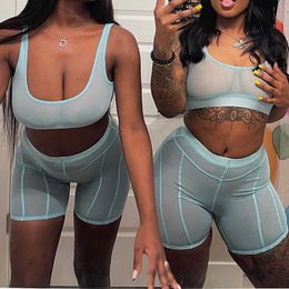 Tracksuits 2022 New Sexy See Through Mesh 2-Piece Club Party Women's Beach Summer Set Tracksuit Crop Tank Top+Shorts Street Apparel P230531