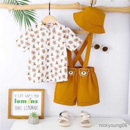 Clothing Sets Children Boys Shorts Short Sleeve Button Shirt and Suspender Hat Summer Outfits Kid