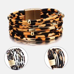 Party Favor Leopard Leather Bracelet For Women Fashion Magnetic Clasp Charm Bracelets Bangles Elegant Mtilayer Wrap Jewelry Gift Vt0 Dhq8G