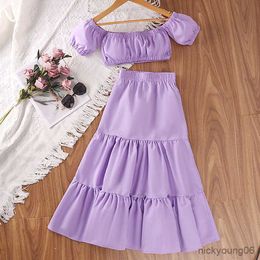 Clothing Sets Kids Girls Casual Outfits Summer 2023 New Shoulder Short Sleeve And Long Skirt Children