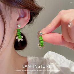 Dangle Earrings Vintage Crystal Flower Green Beads Chain Earring For Women Exquisite Sweet Zircon Setting Round Drop Party N363