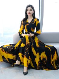 Vestidos casuais roupas femininas amarelo vestido de manga longa 2023 primavera elegante chiffon maxi floral vintage festa moda noite para