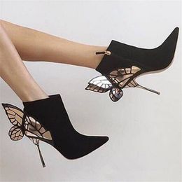 Butterfly Wing Women Ankle Boots Pointed Toe High Heel Dress Pumps Sexy Suede Autumn Winter Botas Mujer Valentine Shoes