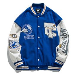 Men's Jackets Embroidery Blue Bomber Jacket Men Vintage Leather Sleeve Varsity Baseball Coats Women Oversize Letterman Loose Autumn Uniform 230531