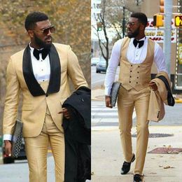 Men's Suits Costume Homme Champagne Men For Wedding Black Shawl Lapel Man Blazer Slim Fit Terno Masculino Groom Tuxedos 3 Pcs