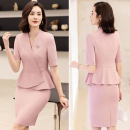 Two Piece Dress Summer Fashion Pink Blazer Women Business Suits Skirt And Top Set Short Sleeve Jackets Office Ladies Work Beauty Salon