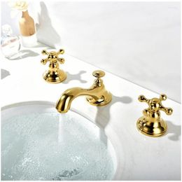 Bathroom Sink Faucets Vidric American Style Classic Basin Polished Gold Brass Lavatory Faucet Widespread 3 Hole Mixer