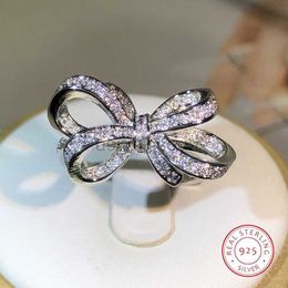 Band Rings 925 Sterling Silver Classic Big Bow Zircon Ring For Ladies Fashion Birthday Wedding Engagement Jewellery Gift J230531