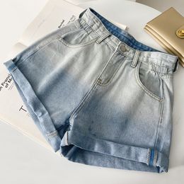 Womens Jeans Summer Gradient Colour High Waist Short Clothing Korean Style Candy Washed To Show Thin A Line Version 230530