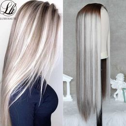 Ash Blonde Straight Lace Wig Highlight Wig Blonde Synthetic Hair Wig MiddleT Part Lace Wigs For Women Long Straight Hair 230524