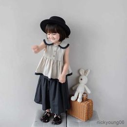 Clothing Sets Summer Girls Baby Set Doll Neck Sleeveless Shirt Solid Color Skirt Pants New Children's Cotton Hemp Top