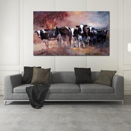 Canvas Art Handmade Willem Haenraets Impressionist Animal Painting of Black White Cows for Kitchen Decor