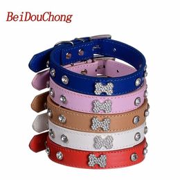 Collars Wholesale 5 Colours Pet Puppy Collar Luxury Diamante Bling Bone Neck Strap PU Leather Adjustable Small Dog Collar