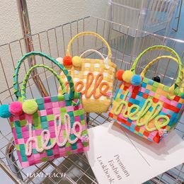 Handbags Ins Children's Candy Colour Handbag Baby Girls Wool Ball Woven Rainbow Beach Bag Kids Vegetable Basket Bag KBG057 230530
