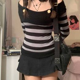 Striped Shirt for Women 2023 New Fashion Slash Neck Off Shoulder Long Sleeve Slim Tshirts Elegant Casual Chic Crop Top