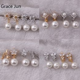 GRACE JUN 8 Colours Available Geometric CZ Pearl Clip on Earrings for Women Girl Charm Bridal Wedding Earrings Hypoallergnic New