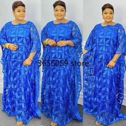 Ethnic Clothing Summer Elegant African Women O-neck Pink Yellow Blue Plus Size Long Dress Lace Robes Abaya Dresses For