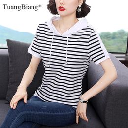 T-Shirt Woman Hooded Cotton Fashion 2023 New Summer T Shirts Female Black White Striped Short Sleeve Tee Shirt Feminine Loose M4XL Tops