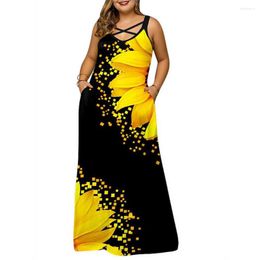 Plus Size Dresses 2023 V-neck Cross Straps Summer Dress Women Short Sleeve Sleeveless Pockets Gradient Print Maxi