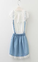 Retail Baby Girls Fake Two Piece suspender Dress New Korean Fashion Petal Collar Apliques de encaje Vestidos de algodón Kids Design Clothes8515423